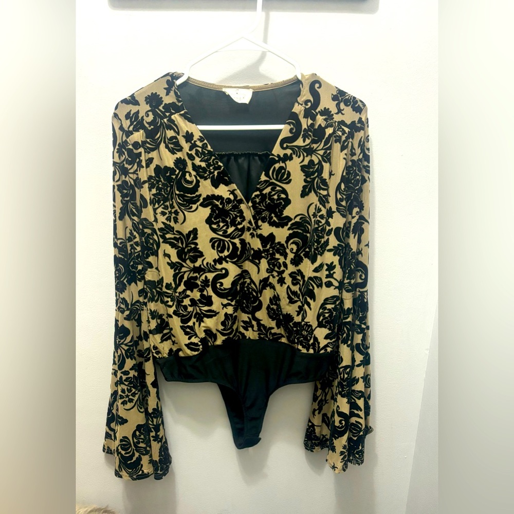 Ember Bodysuit Tan With Black Flowers. Size Medium